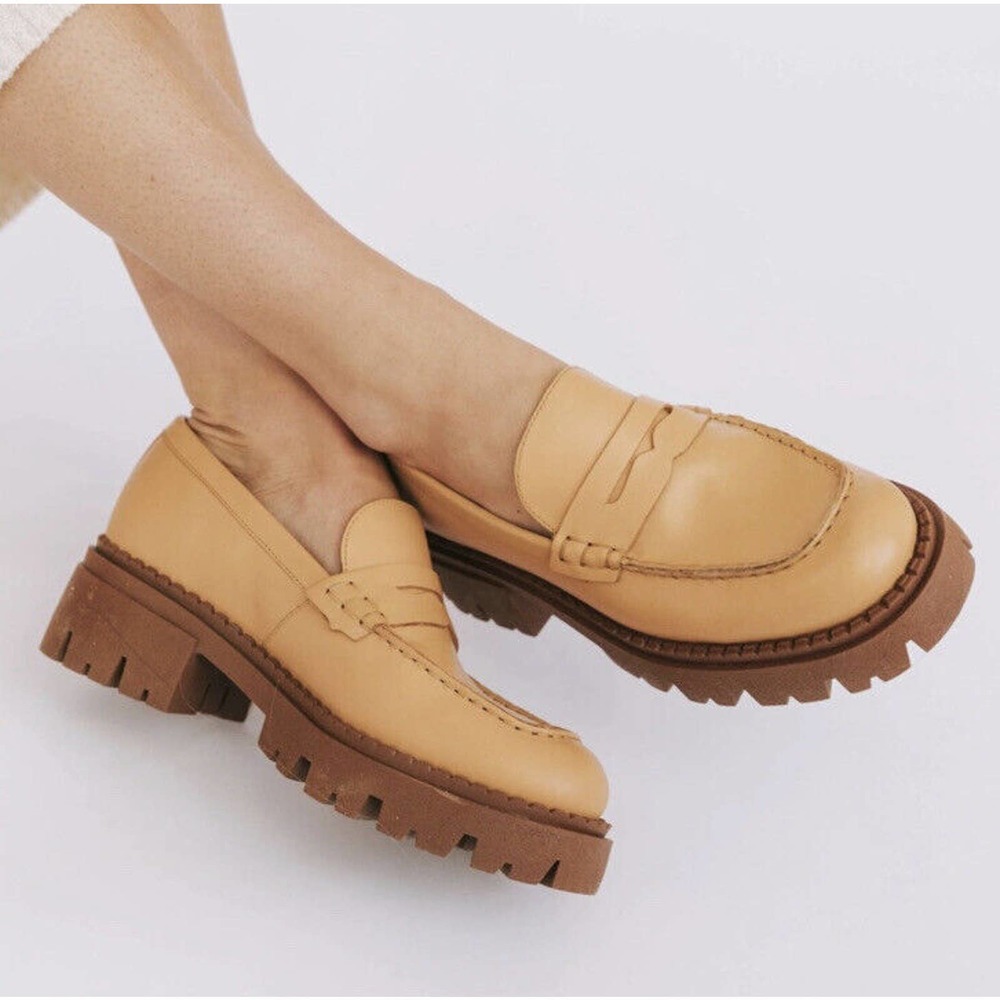 Free People Lyra Lug Sole Loafers Size 39 US 9 Saffron Tan Leather Platform New